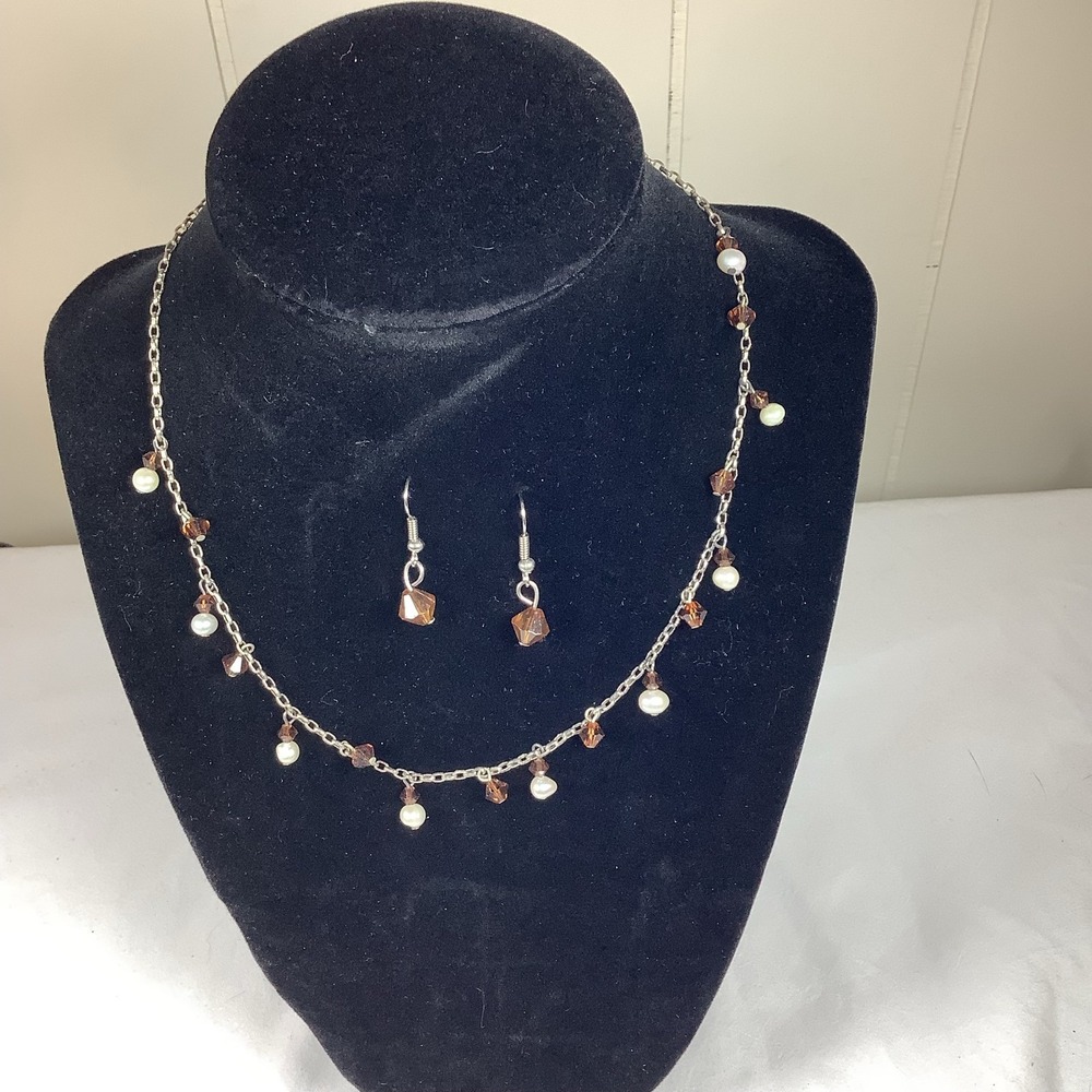Sterling Silver‎ Pearl & Brown Crystal Dangle Set